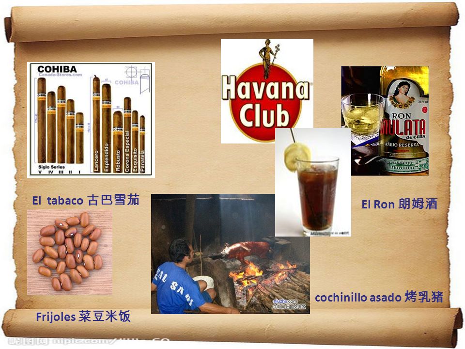 El tabaco 古巴雪茄 El Ron 朗姆酒 cochinillo asado 烤乳猪 Frijoles 菜豆米饭