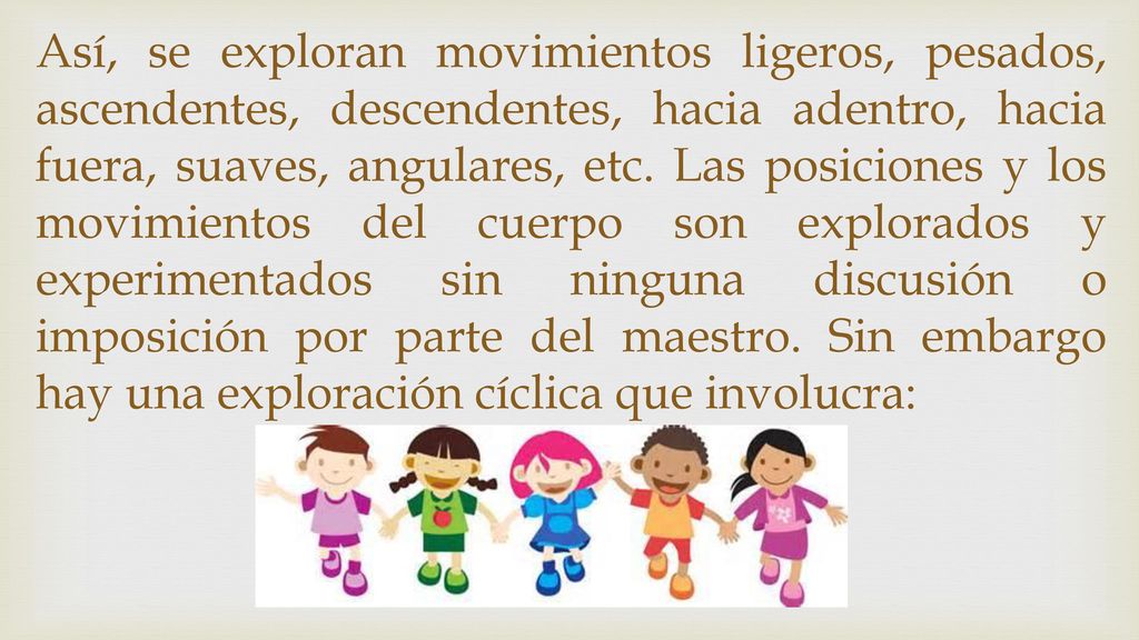 Así, se exploran movimientos ligeros, pesados, ascendentes, descendentes, hacia adentro, hacia fuera, suaves, angulares, etc.