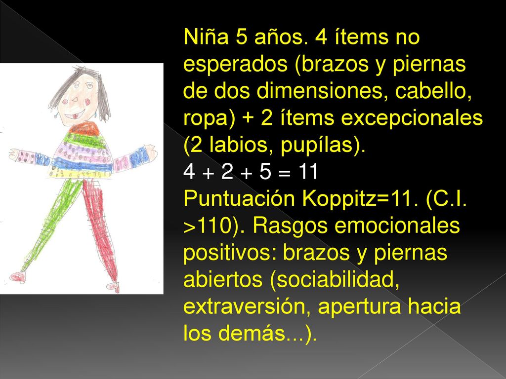 Niña 5 años. 4 ítems no esperados (brazos y piernas de dos dimensiones, cabello, ropa) + 2 ítems excepcionales (2 labios, pupílas).