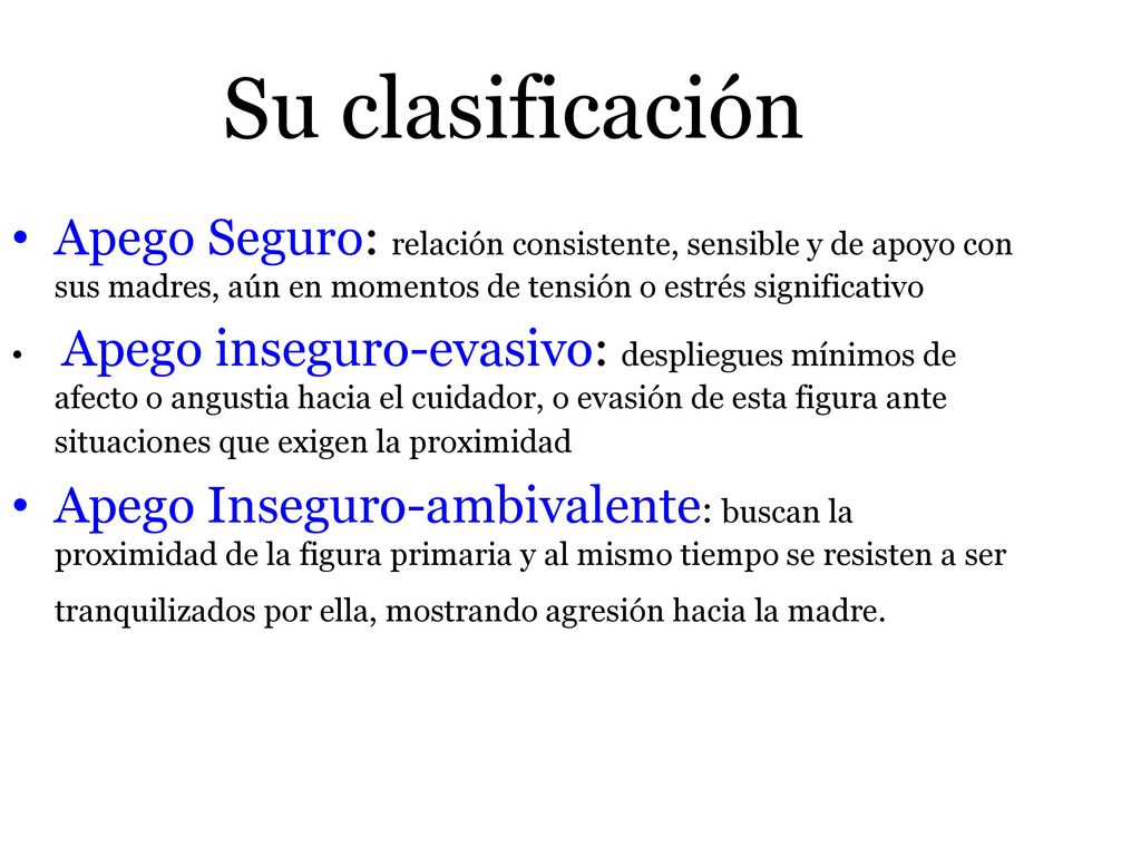 Su clasificación Apego Seguro: relación consistente, sensible y de apoyo con sus madres, aún en momentos de tensión o estrés significativo.