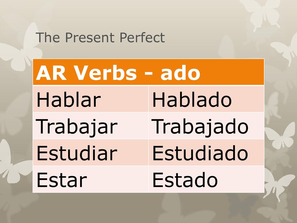 AR Verbs - ado Hablar Hablado Trabajar Trabajado Estudiar Estudiado