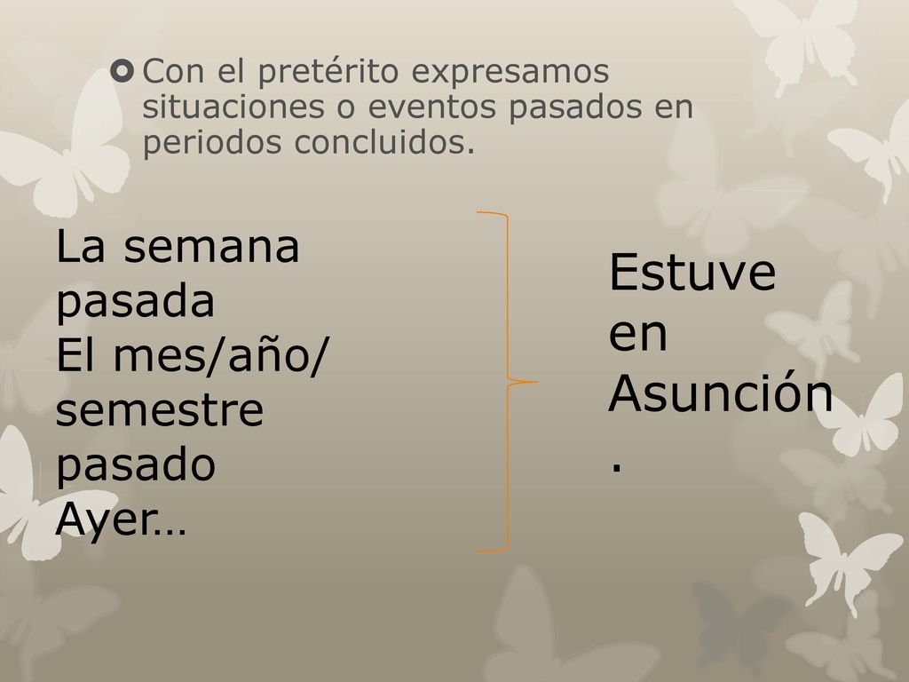 Estuve en Asunción. La semana pasada El mes/año/ semestre pasado Ayer…