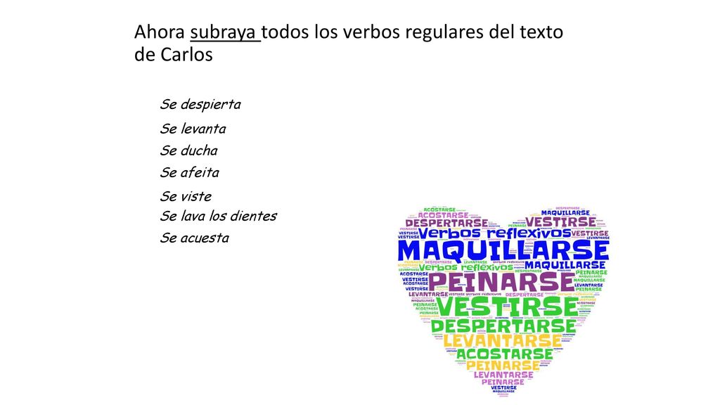 Ahora subraya todos los verbos regulares del texto de Carlos