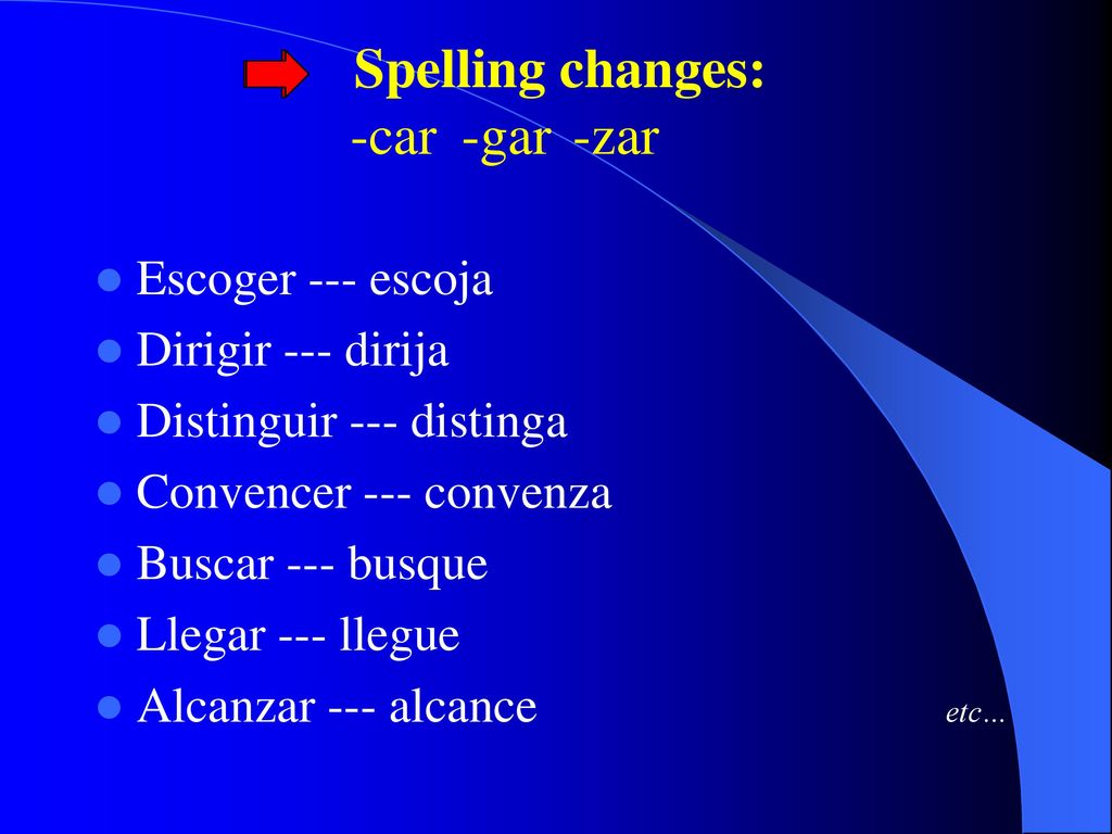 Spelling changes: -car -gar -zar Escoger --- escoja Dirigir --- dirija