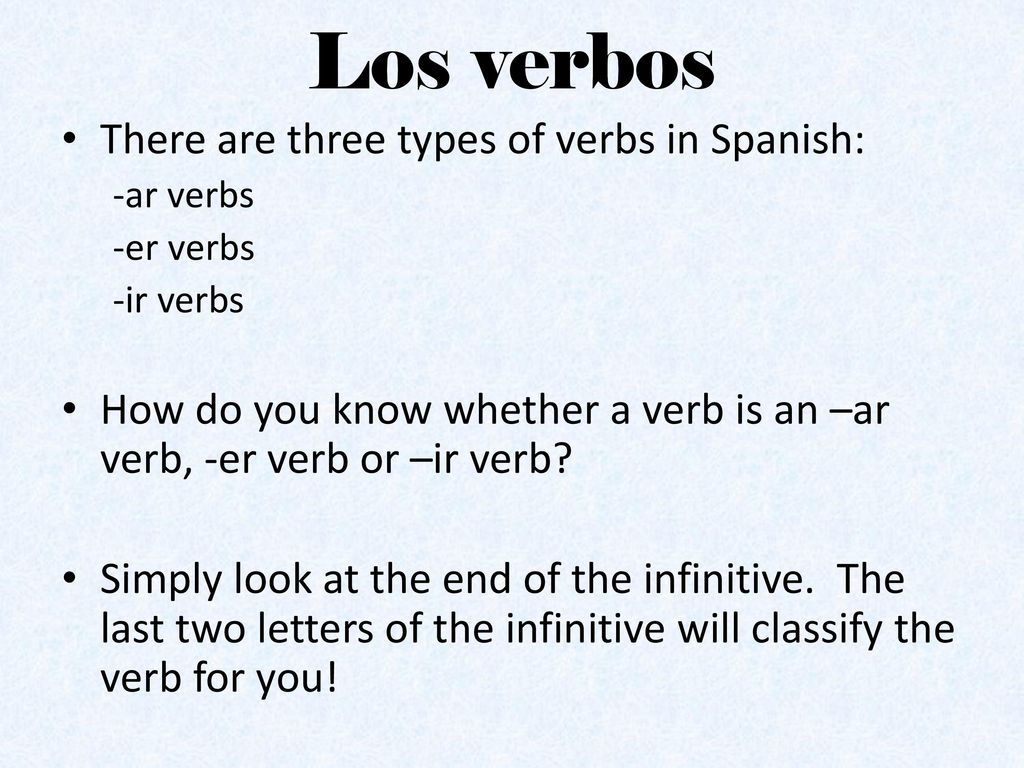 Los verbos There are three types of verbs in Spanish: