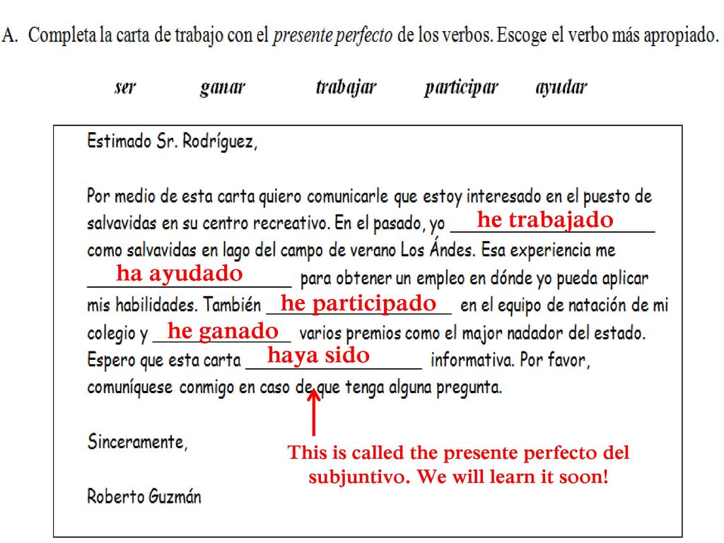 he trabajado ha ayudado he participado he ganado haya sido