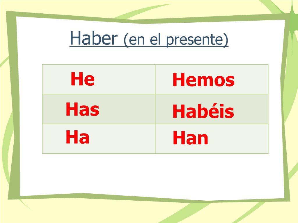 Haber (en el presente) He Hemos Has Habéis Ha Han