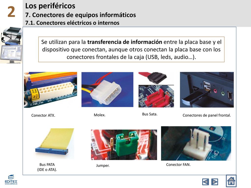 2 Los periféricos 7. Conectores de equipos informáticos 7.1. Conectores eléctricos o internos.