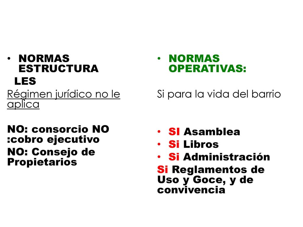 NORMAS ESTRUCTURA LES. Régimen jurídico no le aplica. NO: consorcio NO :cobro ejecutivo. NO: Consejo de Propietarios.
