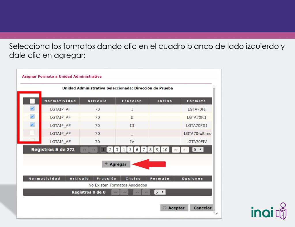 Selecciona los formatos dando clic en el cuadro blanco de lado izquierdo y dale clic en agregar: