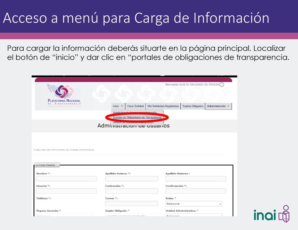 Acceso a menú para Carga de Información