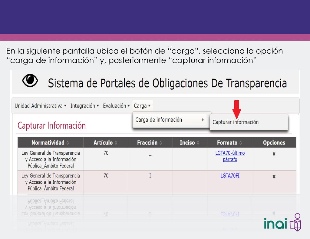 En la siguiente pantalla ubica el botón de carga , selecciona la opción carga de información y, posteriormente capturar información