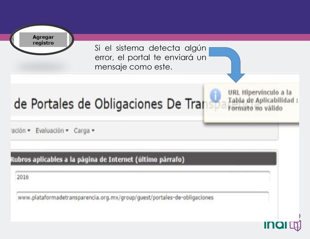 Si el sistema detecta algún error, el portal te enviará un mensaje como este.
