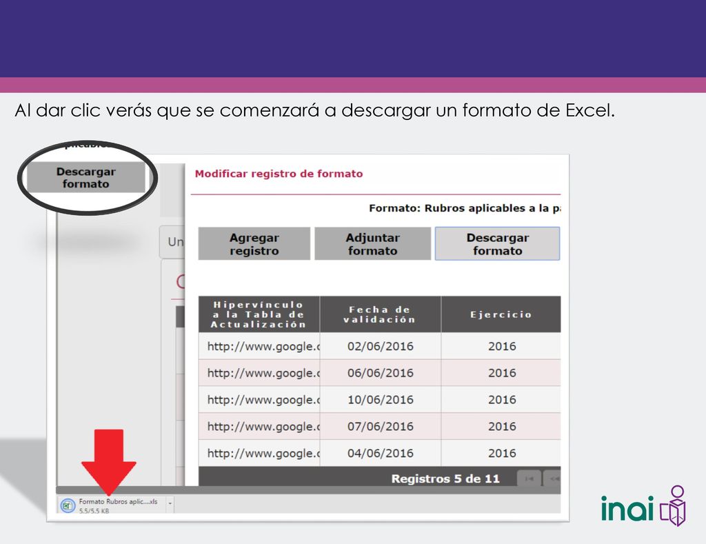 Al dar clic verás que se comenzará a descargar un formato de Excel.
