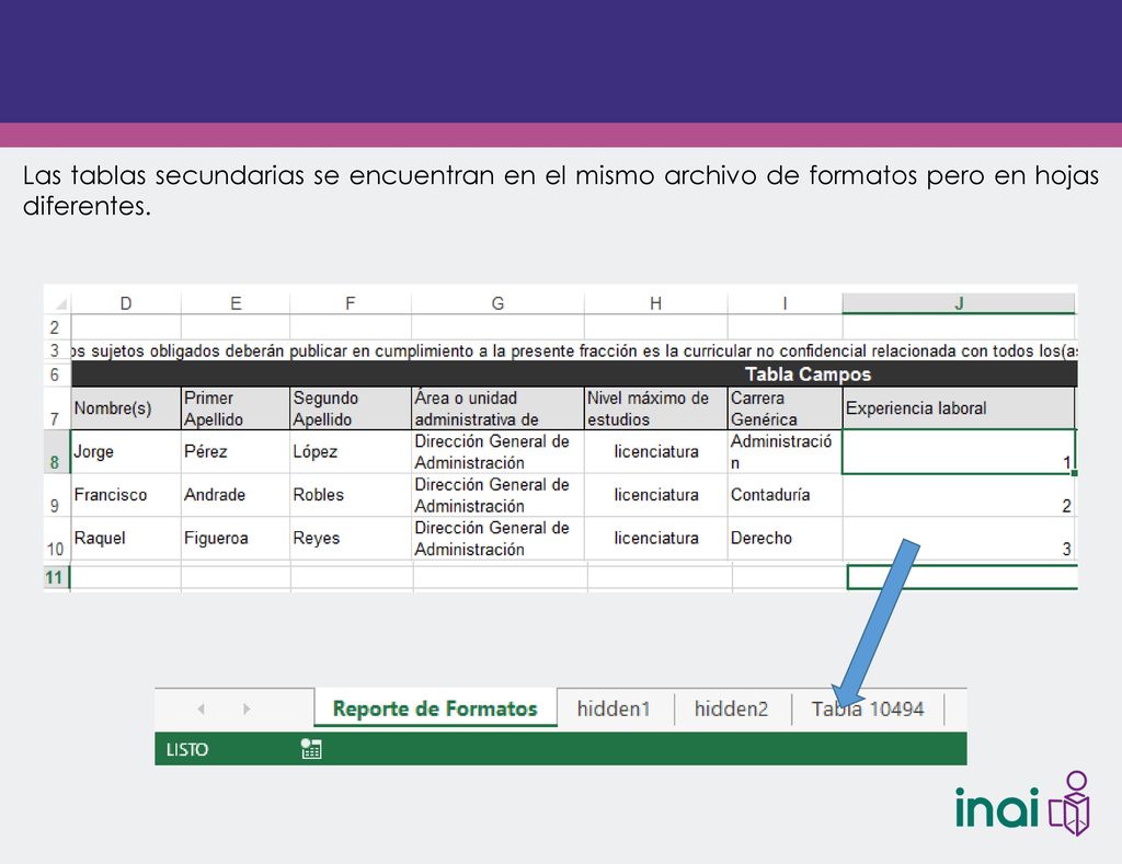 Las tablas secundarias se encuentran en el mismo archivo de formatos pero en hojas diferentes.