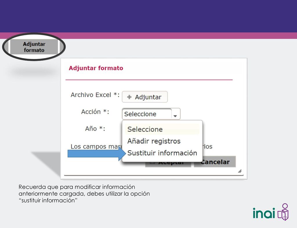 Recuerda que para modificar información anteriormente cargada, debes utilizar la opción sustituir información