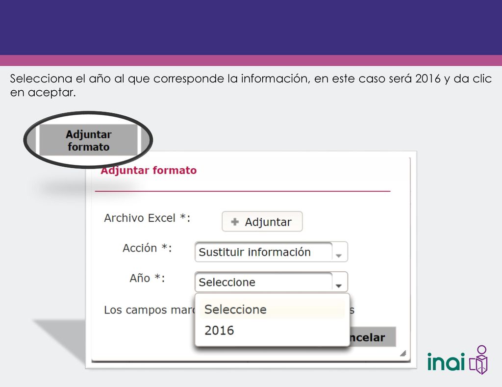 Selecciona el año al que corresponde la información, en este caso será 2016 y da clic en aceptar.