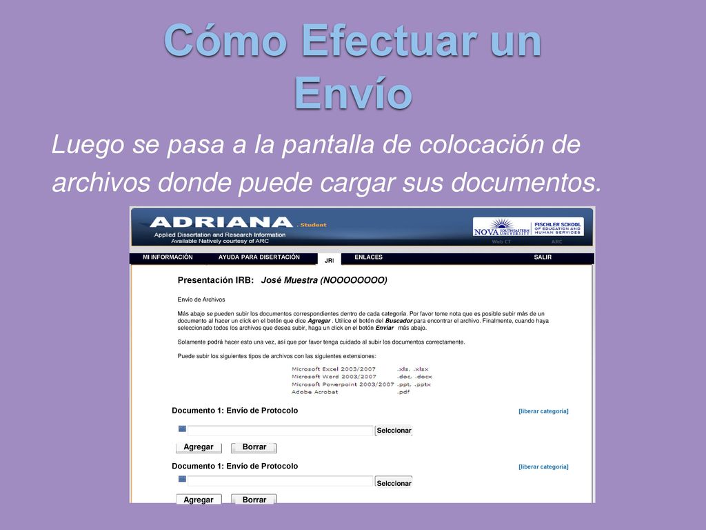 Cómo Efectuar un Envío Luego se pasa a la pantalla de colocación de archivos donde puede cargar sus documentos.