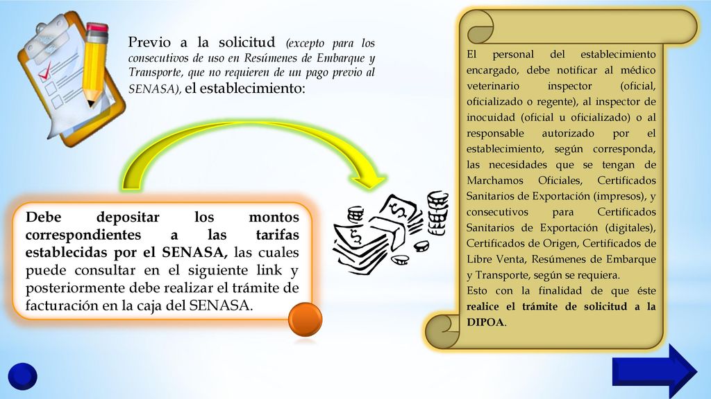 El personal del establecimiento encargado, debe notificar al médico veterinario inspector (oficial, oficializado o regente), al inspector de inocuidad (oficial u oficializado) o al responsable autorizado por el establecimiento, según corresponda, las necesidades que se tengan de Marchamos Oficiales, Certificados Sanitarios de Exportación (impresos), y consecutivos para Certificados Sanitarios de Exportación (digitales), Certificados de Origen, Certificados de Libre Venta, Resúmenes de Embarque y Transporte, según se requiera.