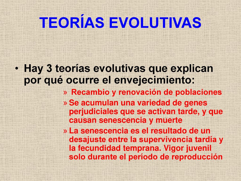 TEORÍAS EVOLUTIVAS Hay 3 teorías evolutivas que explican por qué ocurre el envejecimiento: Recambio y renovación de poblaciones.