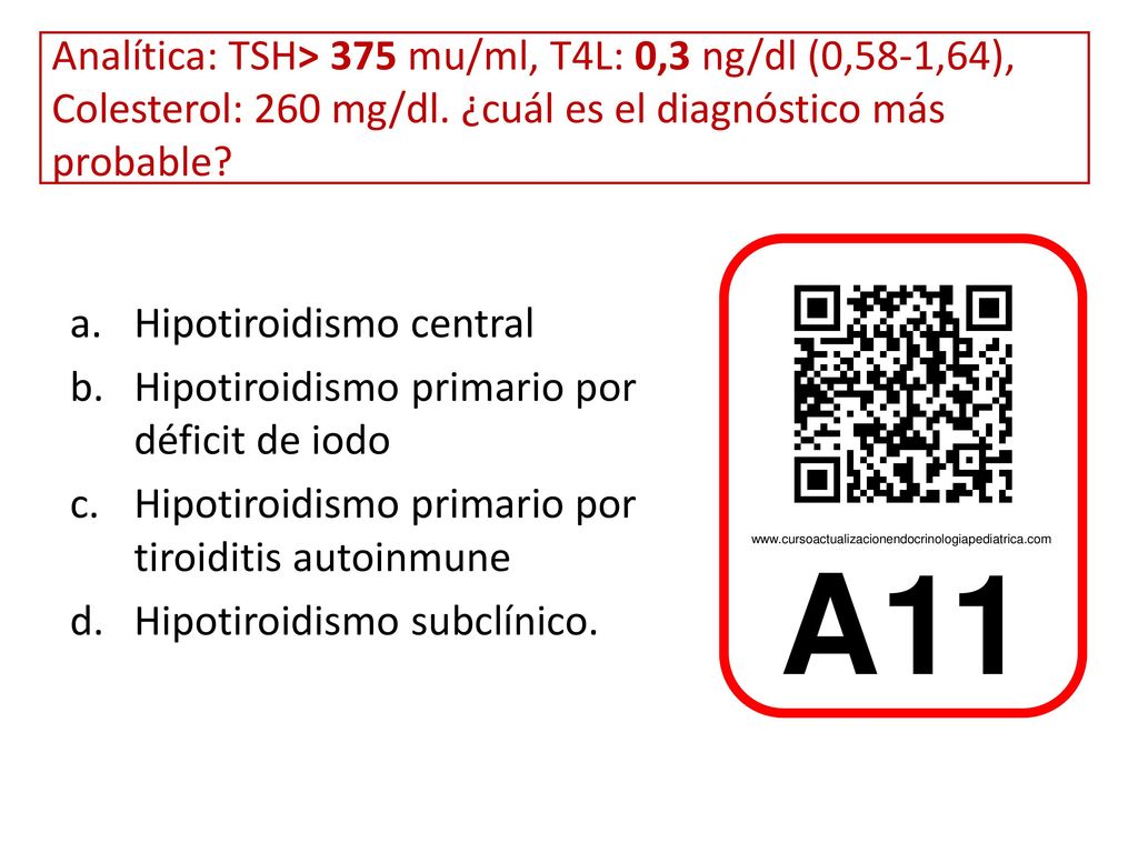 Analítica: TSH> 375 mu/ml, T4L: 0,3 ng/dl (0,58-1,64), Colesterol: 260 mg/dl. ¿cuál es el diagnóstico más probable