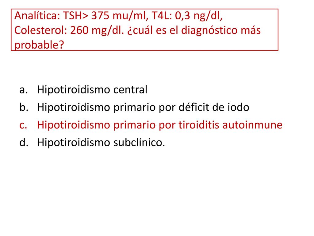 Analítica: TSH> 375 mu/ml, T4L: 0,3 ng/dl, Colesterol: 260 mg/dl