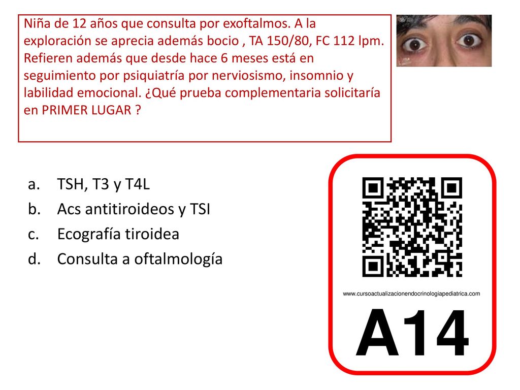 A14 TSH, T3 y T4L Acs antitiroideos y TSI Ecografía tiroidea