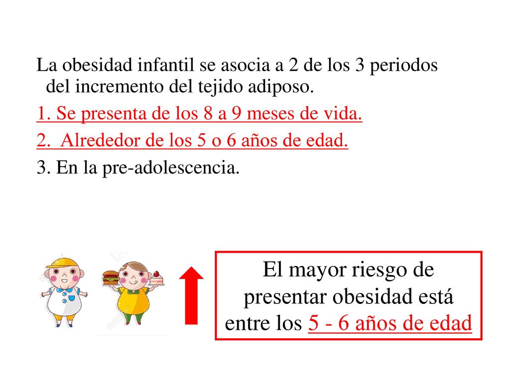 La obesidad infantil se asocia a 2 de los 3 periodos del incremento del tejido adiposo. 1. Se presenta de los 8 a 9 meses de vida. 2. Alrededor de los 5 o 6 años de edad. 3. En la pre-adolescencia.
