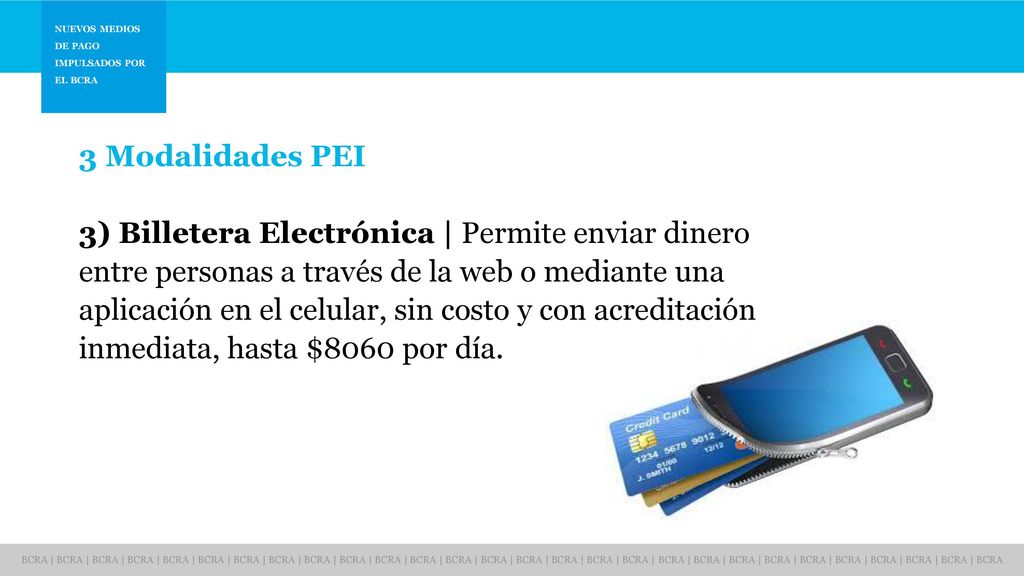 3 Modalidades PEI 3) Billetera Electrónica | Permite enviar dinero entre personas a través de la web o mediante una.