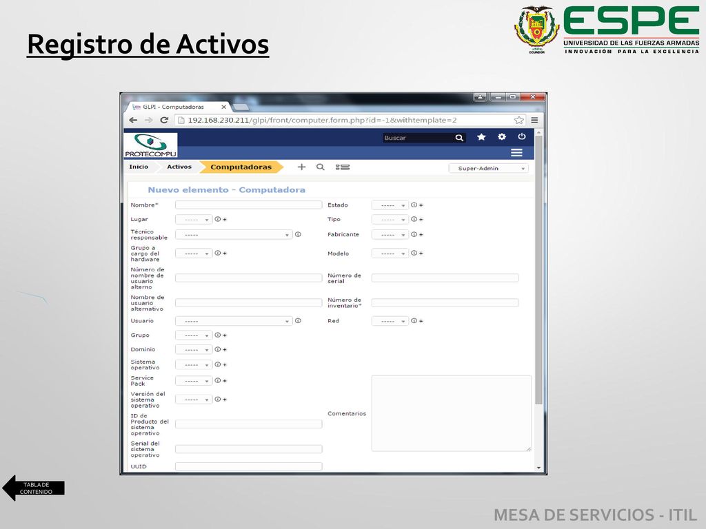 Registro de Activos TABLA DE CONTENIDO MESA DE SERVICIOS - ITIL