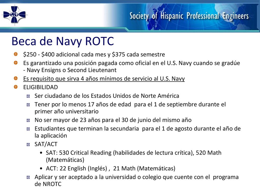 Beca de Navy ROTC $250 - $400 adicional cada mes y $375 cada semestre
