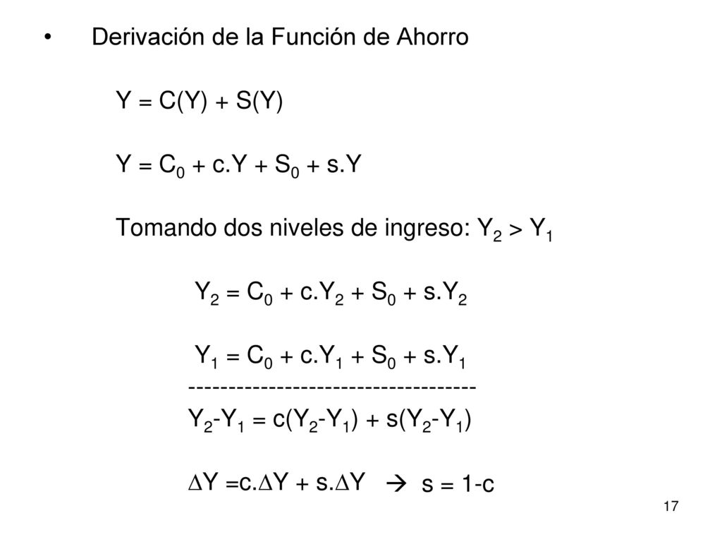 Derivación de la Función de Ahorro Y = C(Y) + S(Y)