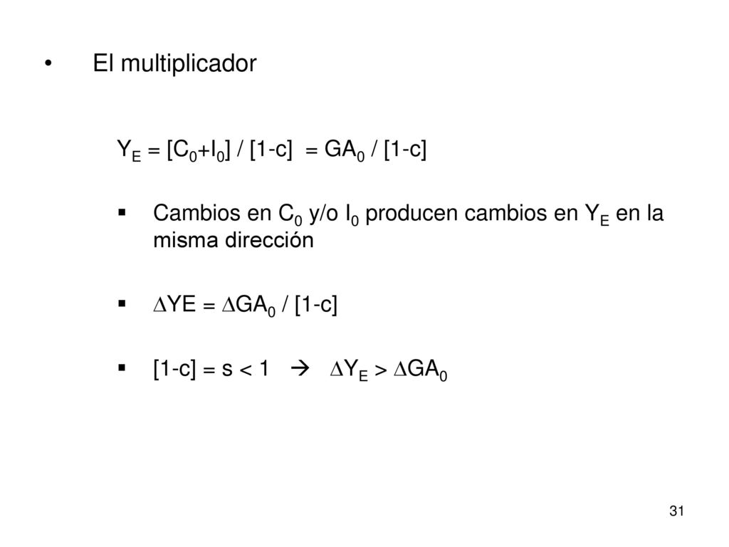 El multiplicador YE = [C0+I0] / [1-c] = GA0 / [1-c]