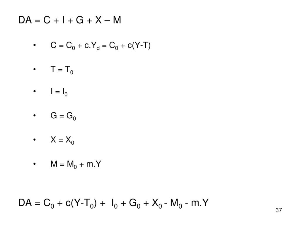 DA = C0 + c(Y-T0) + I0 + G0 + X0 - M0 - m.Y
