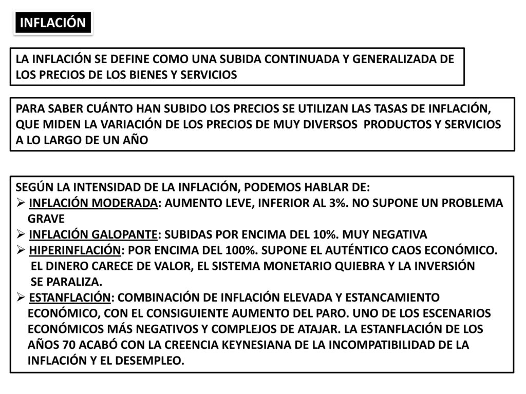 INFLACIÓN LA INFLACIÓN SE DEFINE COMO UNA SUBIDA CONTINUADA Y GENERALIZADA DE. LOS PRECIOS DE LOS BIENES Y SERVICIOS.