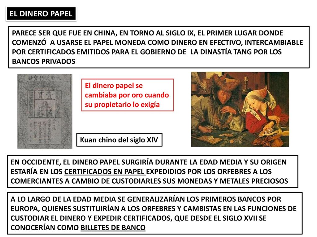EL DINERO PAPEL PARECE SER QUE FUE EN CHINA, EN TORNO AL SIGLO IX, EL PRIMER LUGAR DONDE.