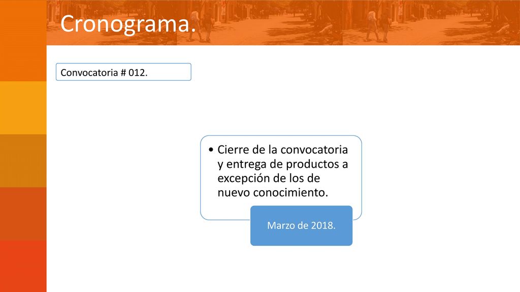 Cronograma. Convocatoria # 012. Cierre de la convocatoria y entrega de productos a excepción de los de nuevo conocimiento.