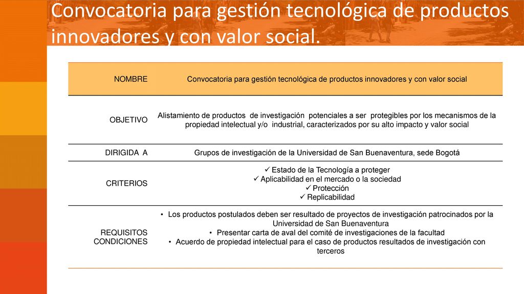 Convocatoria para gestión tecnológica de productos innovadores y con valor social.