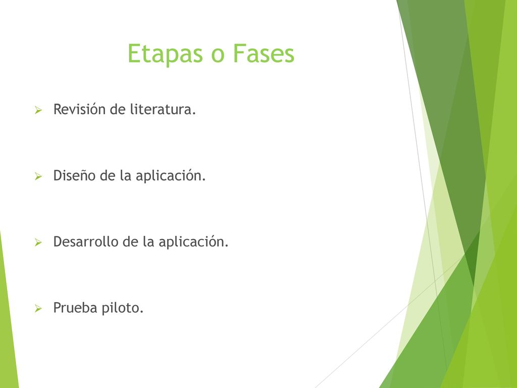 Etapas o Fases Revisión de literatura. Diseño de la aplicación.