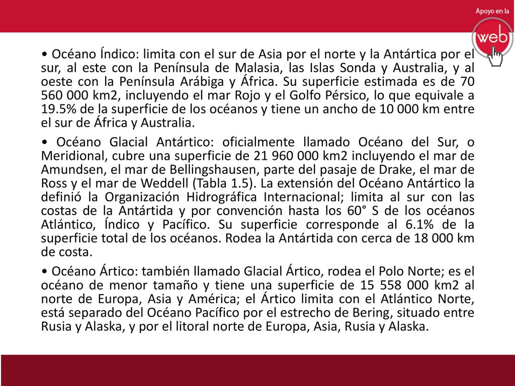 • Océano Índico: limita con el sur de Asia por el norte y la Antártica por el sur, al este con la Península de Malasia, las Islas Sonda y Australia, y al oeste con la Península Arábiga y África. Su superficie estimada es de km2, incluyendo el mar Rojo y el Golfo Pérsico, lo que equivale a 19.5% de la superficie de los océanos y tiene un ancho de km entre el sur de África y Australia.