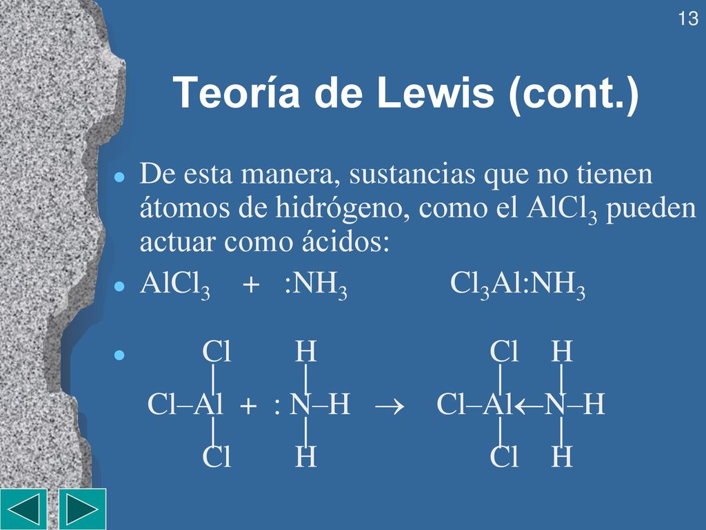 Teoría de Lewis (cont.) De esta manera, sustancias que no tienen átomos de hidrógeno, como el AlCl3 pueden actuar como ácidos: