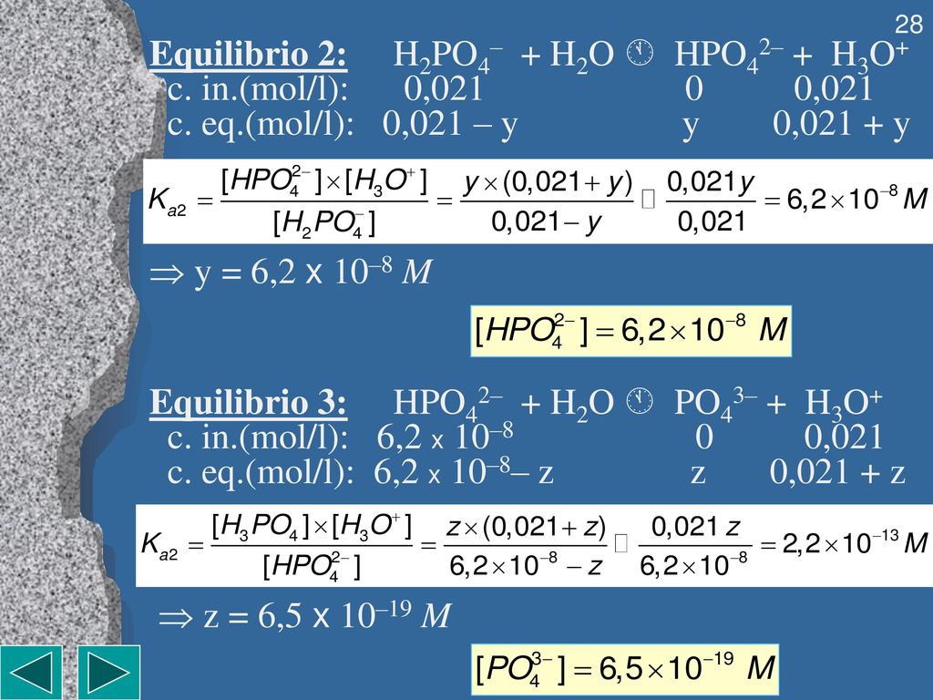 Equilibrio 2: H2PO4– + H2O  HPO42– + H3O+ c. in