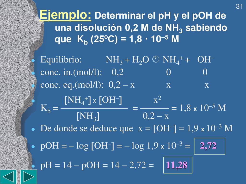 Ejemplo: Determinar el pH y el pOH de una disolución 0,2 M de NH3 sabiendo que Kb (25ºC) = 1,8 · 10–5 M