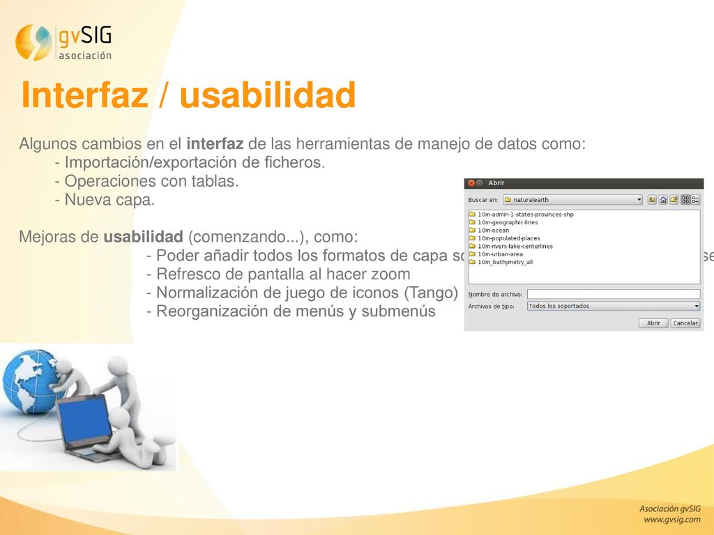 Interfaz / usabilidad Algunos cambios en el interfaz de las herramientas de manejo de datos como: - Importación/exportación de ficheros.