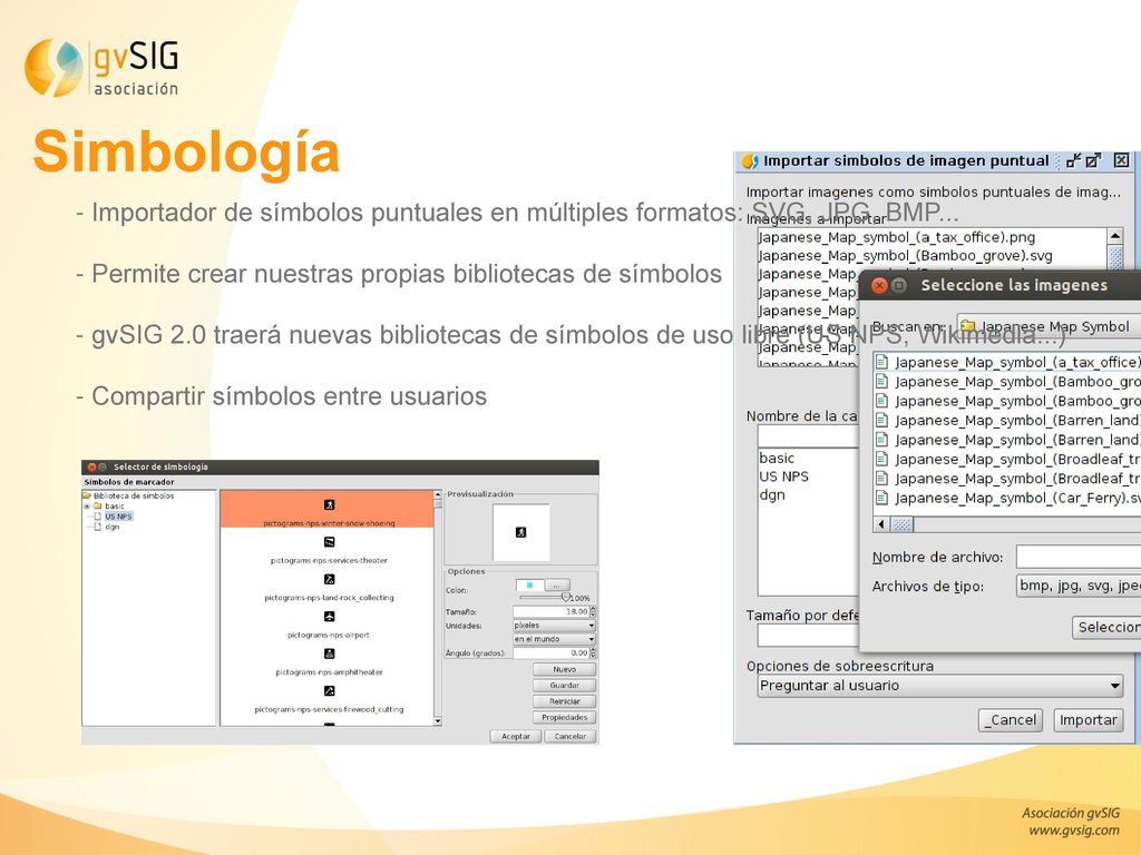 Simbología - Importador de símbolos puntuales en múltiples formatos: SVG, JPG, BMP... - Permite crear nuestras propias bibliotecas de símbolos.
