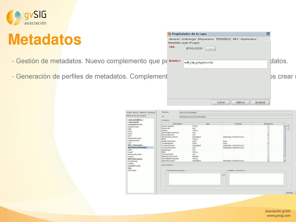 Metadatos - Gestión de metadatos. Nuevo complemento que permite crear, editar y exportar metadatos.