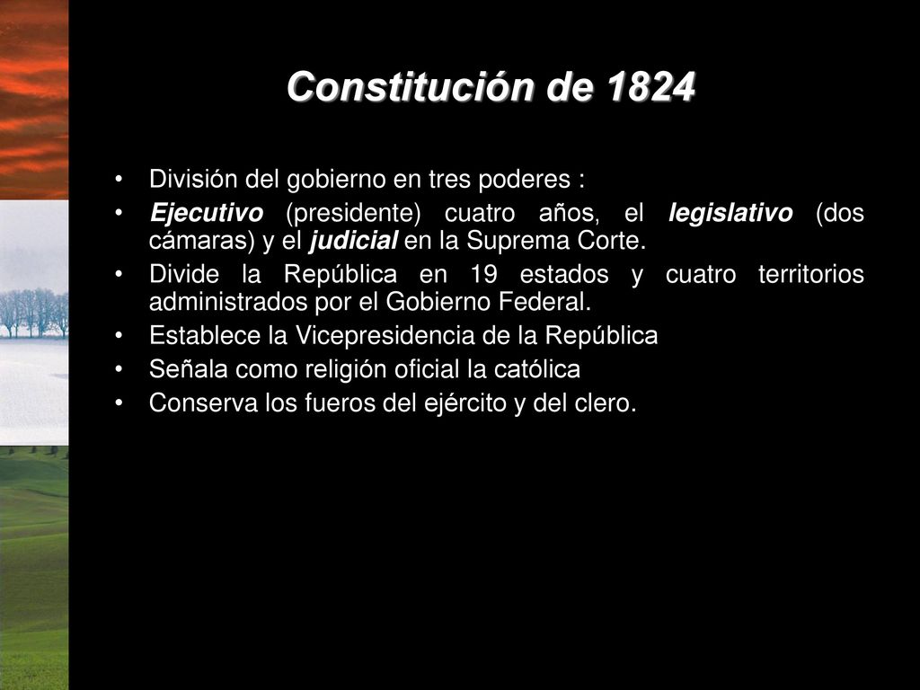 Constitución de 1824 División del gobierno en tres poderes :