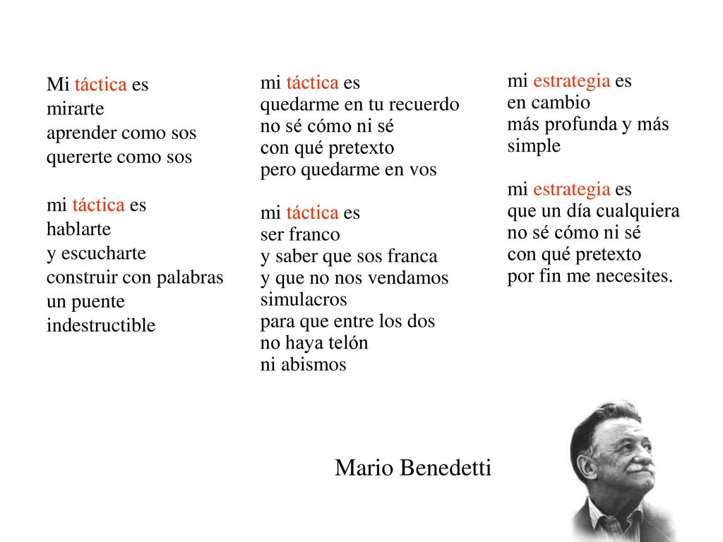 Mi táctica es mirarte aprender como sos quererte como sos mi táctica es hablarte y escucharte construir con palabras un puente indestructible
