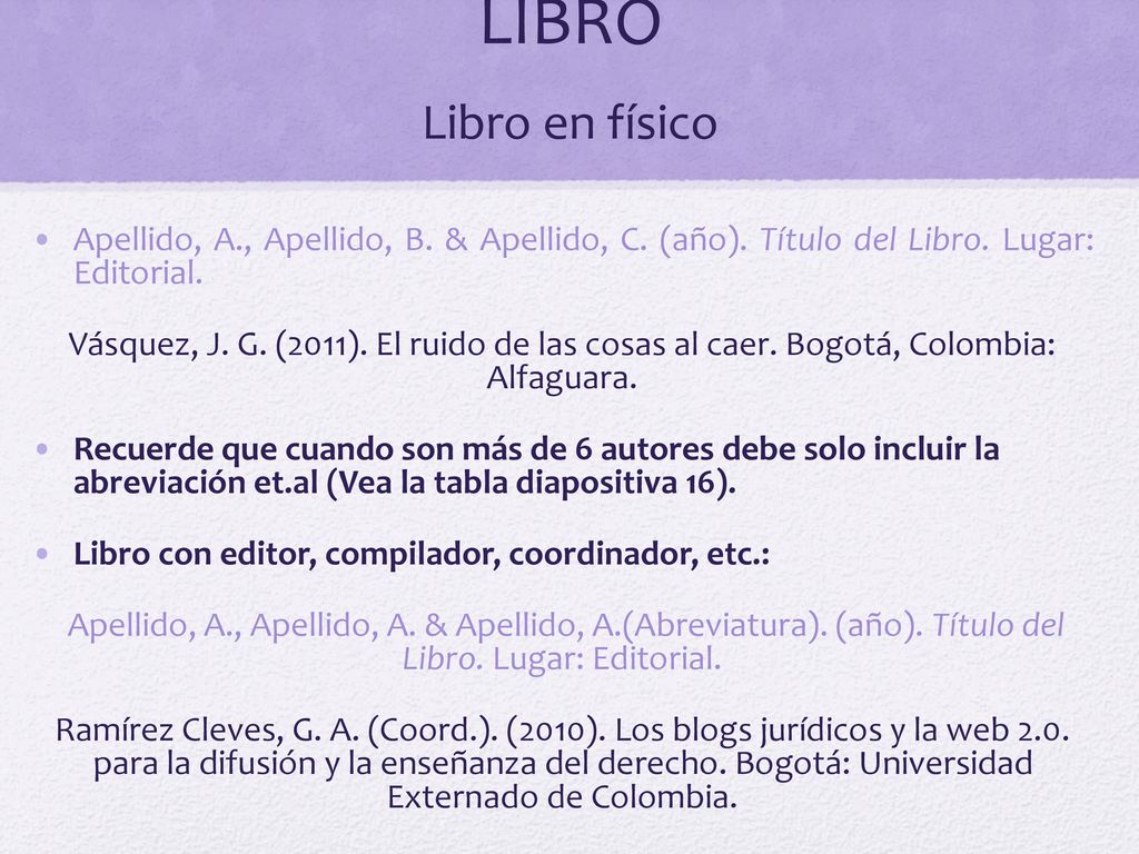 LIBRO Libro en físico Apellido, A., Apellido, B. & Apellido, C. (año). Título del Libro. Lugar: Editorial.