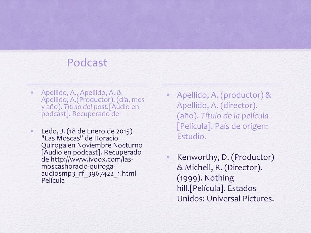Podcast Apellido, A., Apellido, A. & Apellido, A.(Productor). (día, mes y año). Título del post.[Audio en podcast]. Recuperado de.